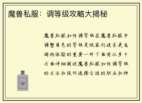 魔兽私服：调等级攻略大揭秘